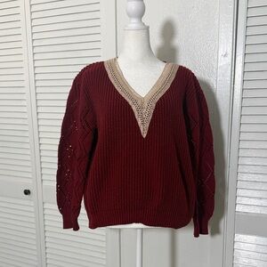 V-Neck Burgundy Knit Sweater with Contrast Trim Sz S